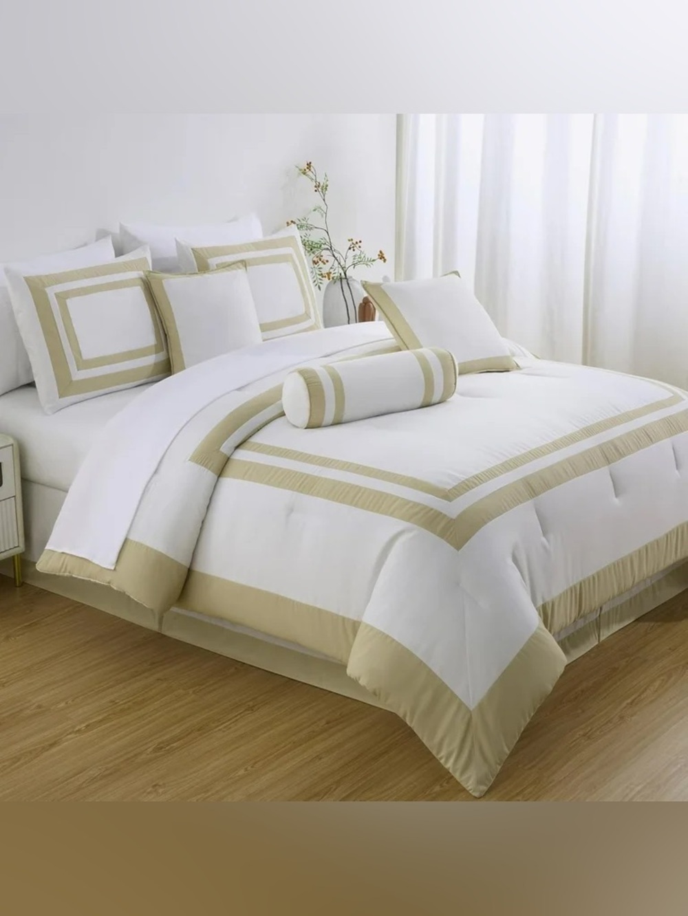 Luxury White and Beige Full 7 piece Hotel-Style Comforter Set